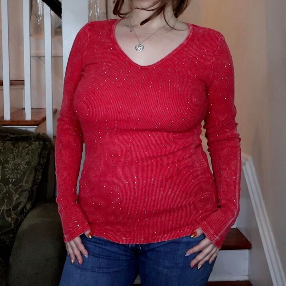 Vocal Rhinestone Red Long Sleeve Top Medium Cotton Made in USA Rockstar Edgy Alt